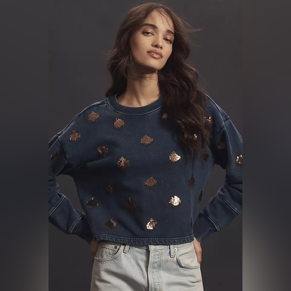 NWT new medium Anthropologie pilcro sequin sweatshirt rain cloud bronze blue